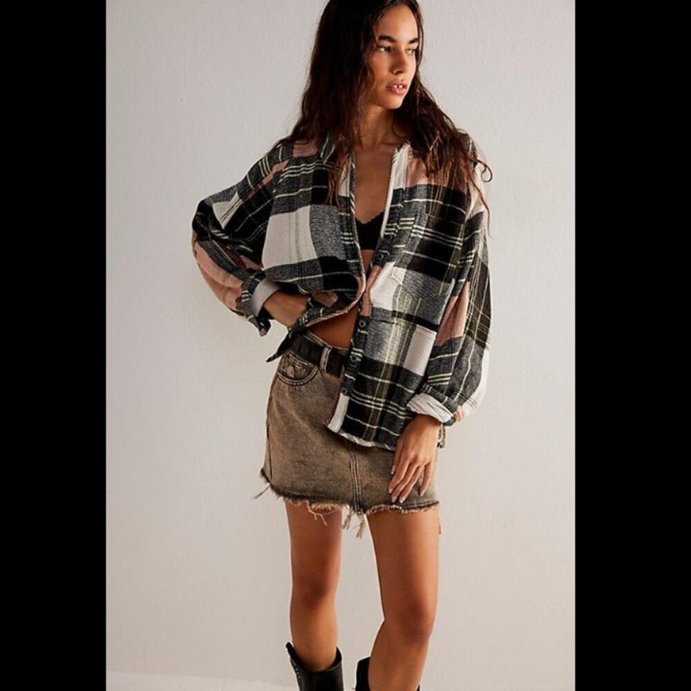 Free People Plaid Button-Down Shirt in Black, White & Blush
